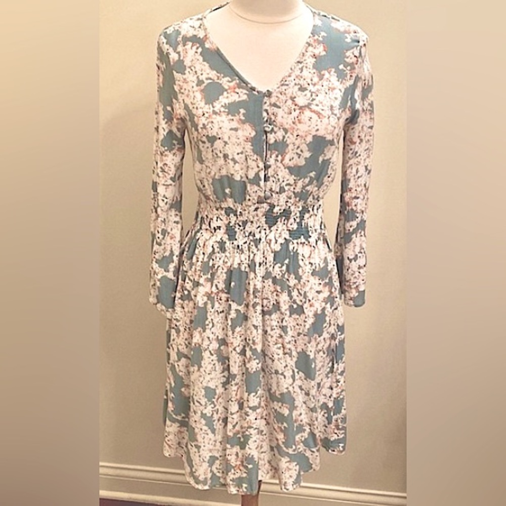 J Glee Floral Grey Teal Cream SZ S Cottagecore Boho Chic Romantic Peasant Dress - Picture 2 of 10